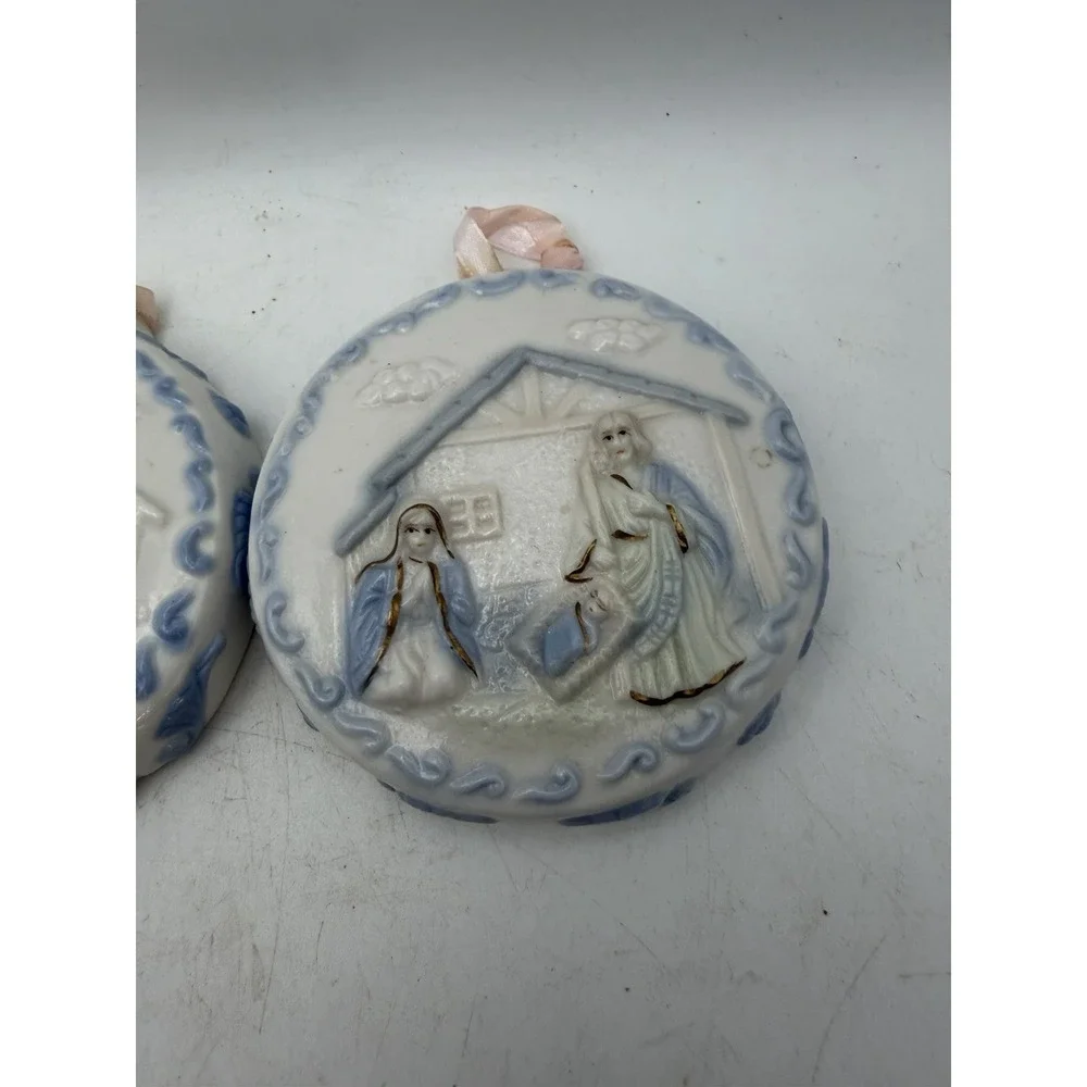 Vintage Autom Porcelain Nativity Christmas Ornaments Blue White Relief Set of 2